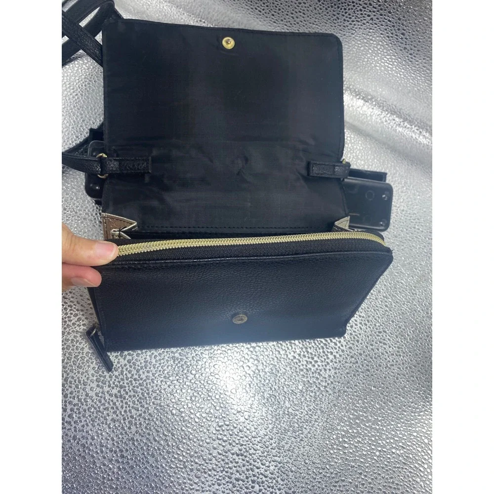 Black Pebbled Faux Leather Crossbody Wallet Bag Gold Tone Hardware Adjustable